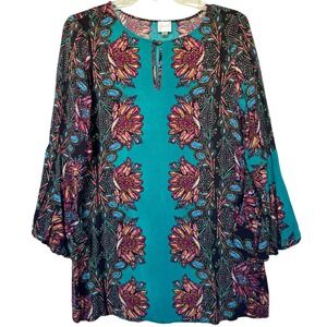 CUPio Teal Floral Bell Sleeve Keyhole Tunic Top Size Small Boho Festival Style